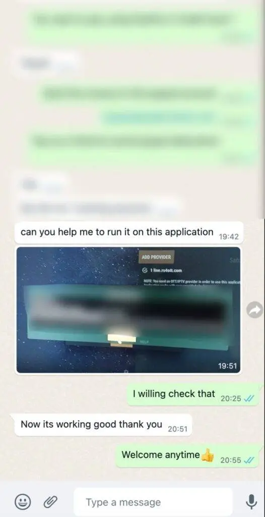 CatchON TV WhatsApp support helping a customer run the IPTV app
