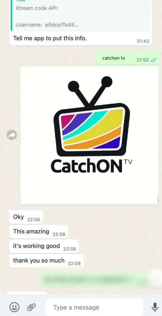 CatchON TV WhatsApp support guiding a customer with Xtream code setup